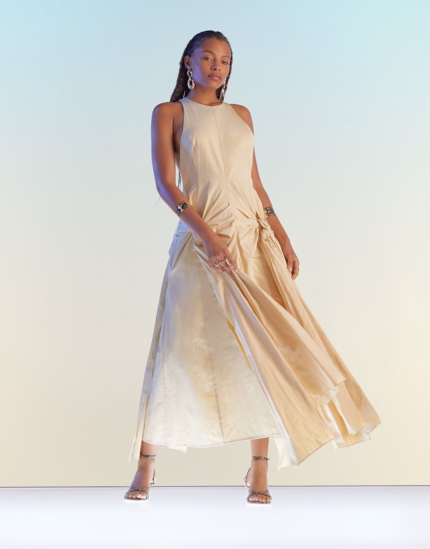 Model in beige drop waist dress | ASOS Style Feed