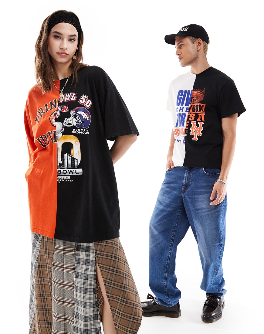 Man and woman wearing a half orange half black t shirt standing next to each other