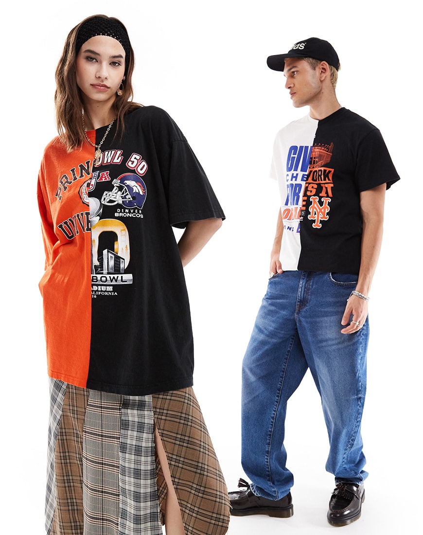 Woman wearing duo-colour oversized t-shirt with man behind her
