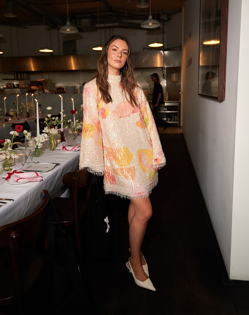 Stephanie wearing mini sequinned dress