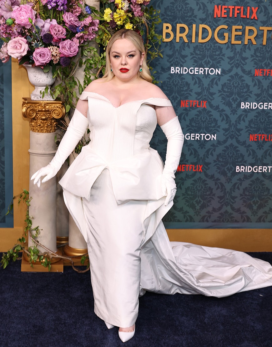 Nicola Coughlan in white structured dress at the Bridgerton premiere. | ASOS Style Feed