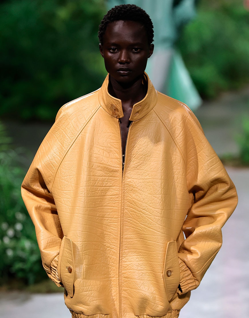 Model wearing yellow Harrington jacket