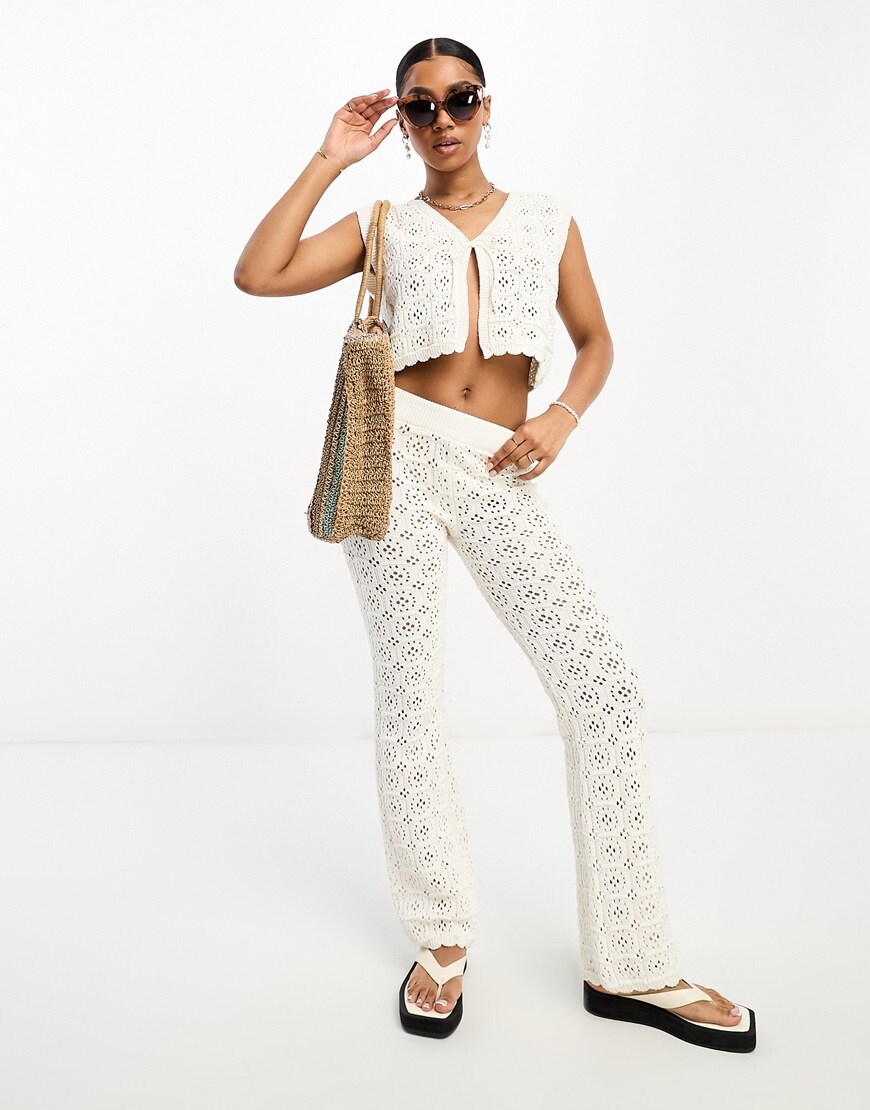 ASOS DESIGN knitted crochet wide leg pants in cream - part of a set
