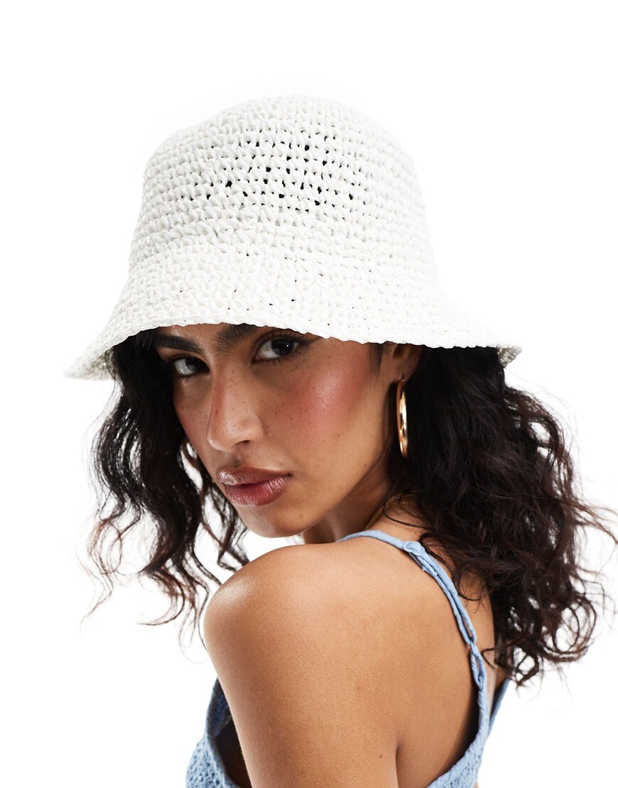 ASOS DESIGN straw crochet bucket hat in white