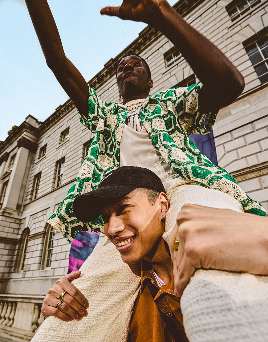 Model sitting on another model's shoulders wearing festival outfits | ASOS Style Feed