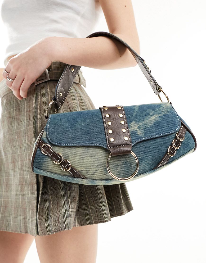ASOS DESIGN shoulder bag in washed denim with hardware in blue