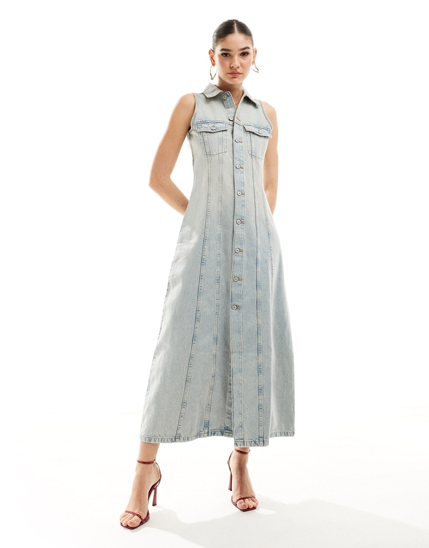Mango button through sleeveless denim dress in light blue