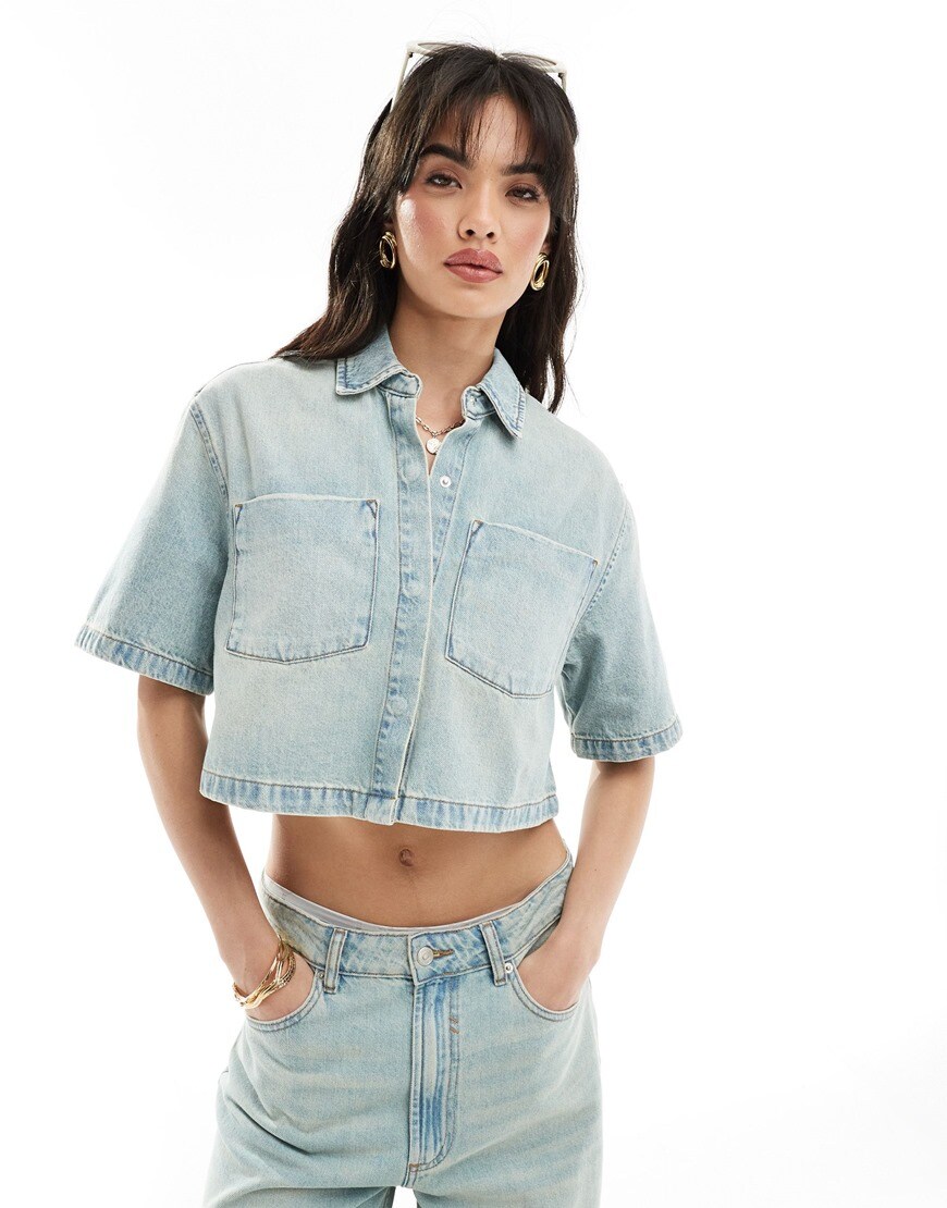 ASOS DESIGN denim crop shirt in tinted wash - part of a set
