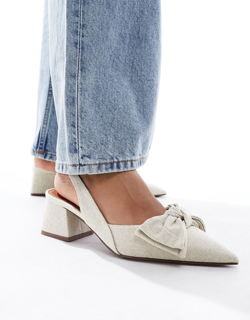 ASOS DESIGN Symphony bow slingback mid block heeled shoes in natural fabrication | ASOS Style Feed