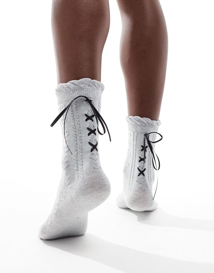 Reclaimed Vintage pointelle socks with bows in gray