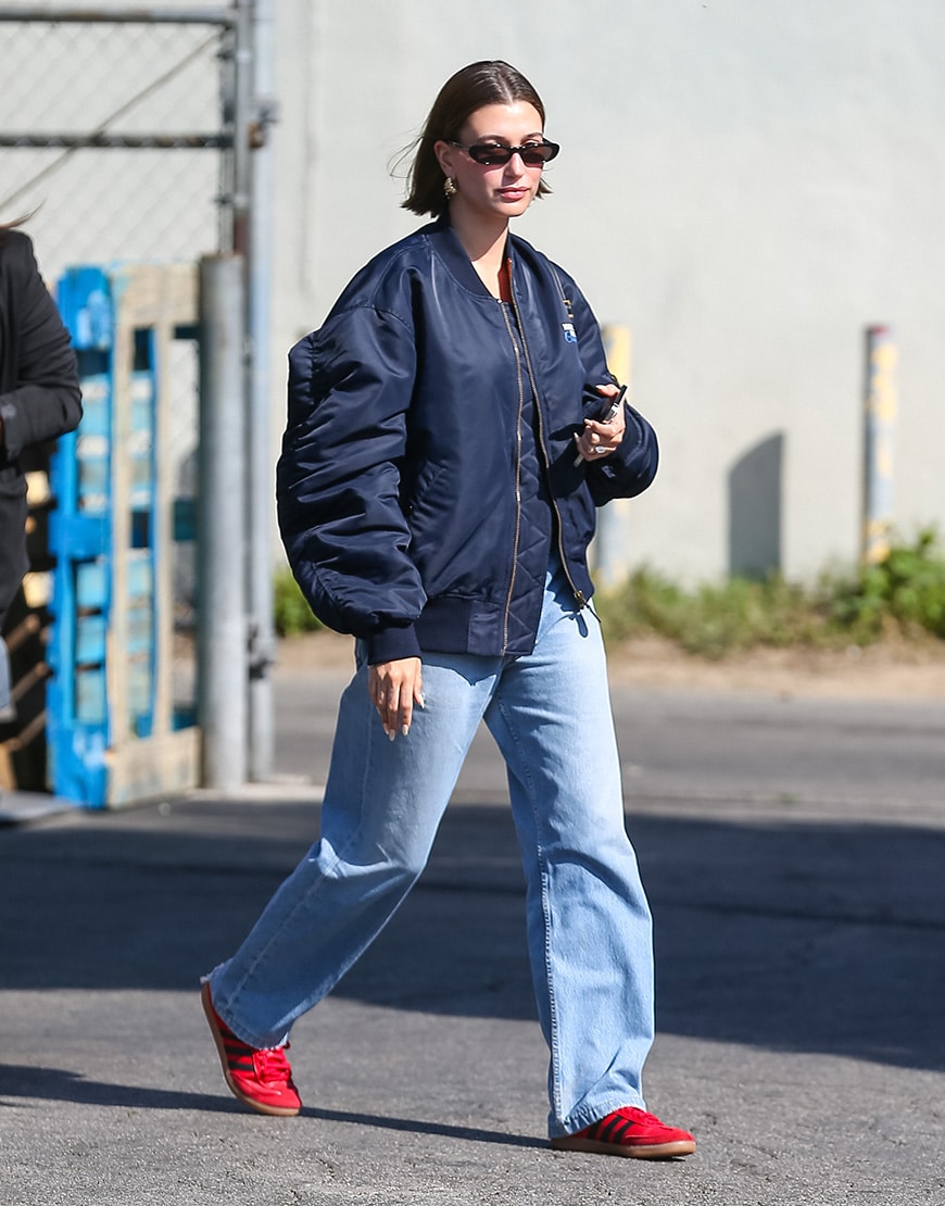 Hailey Bieber in red sambas