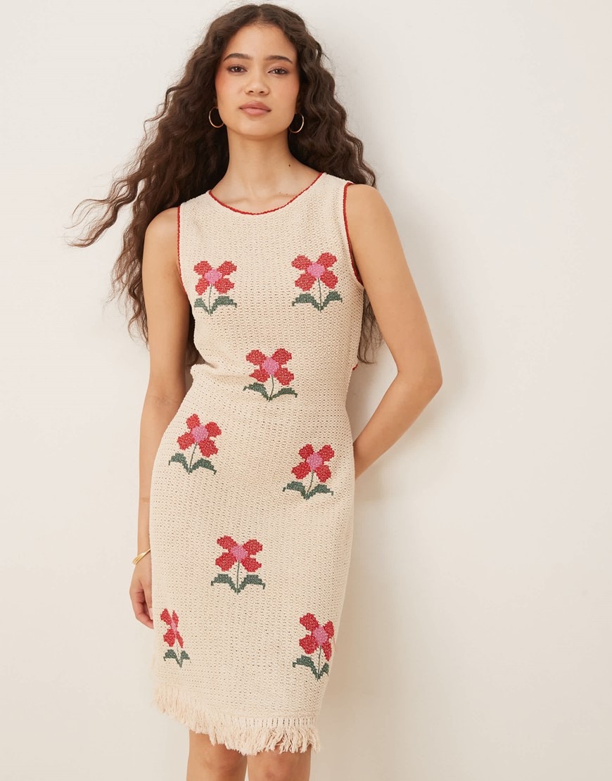 ASOS DESIGN crochet patchwork embroidered floral mini dress in cream