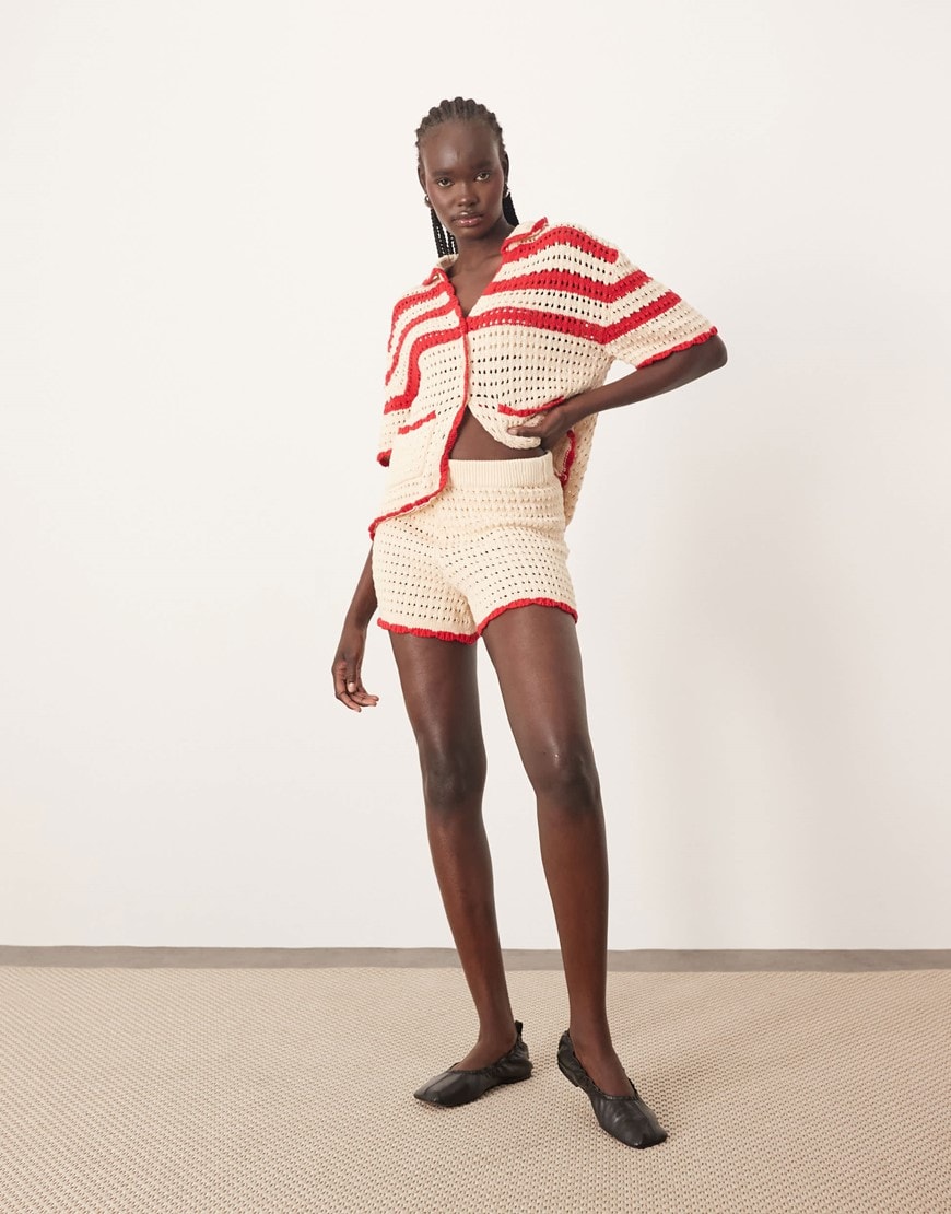 ARRANGE knit contrast stripe top and shorts set in cream and red