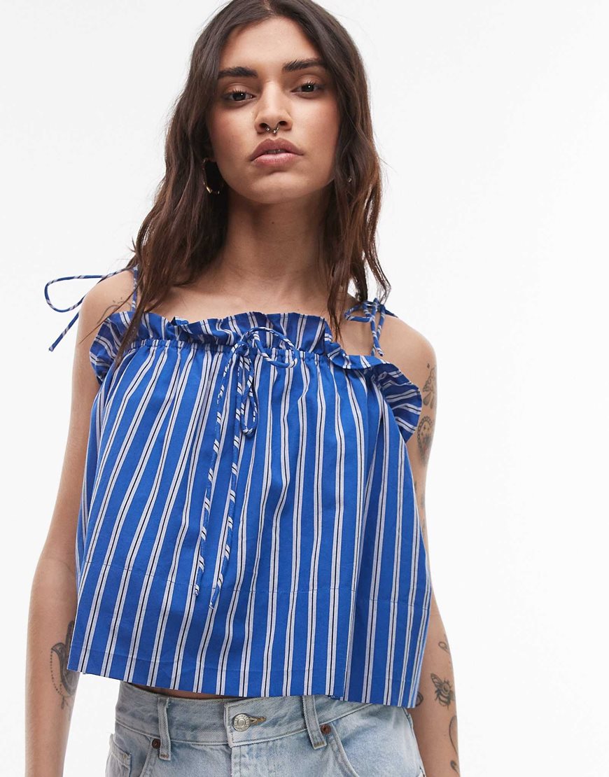 Topshop ruched cami top in blue stripe