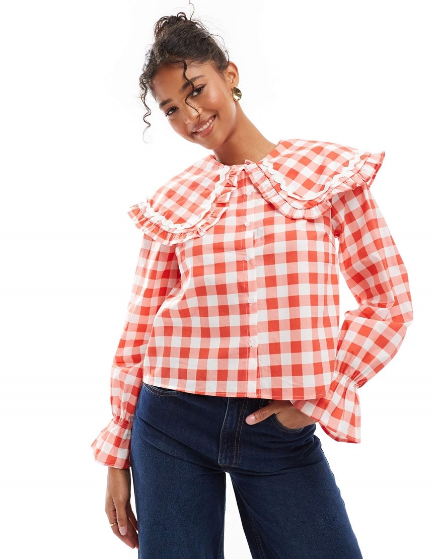 ASOS DESIGN oversized frill collar blouse in red gingham