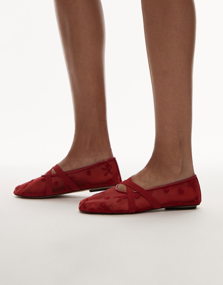 Mango mesh floral detail ballet flats in red