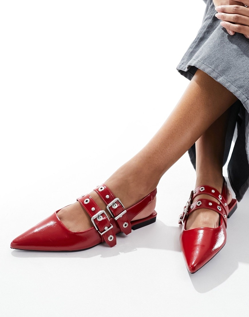 Stradivarius buckle detail slingback ballet shoes in red