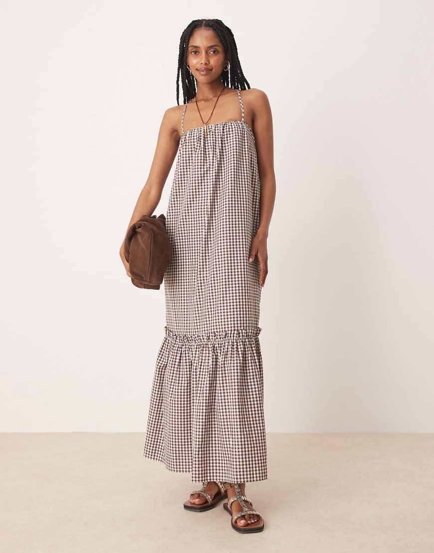 ASOS DESIGN halter neck smock maxi dress in brown and white gingham print