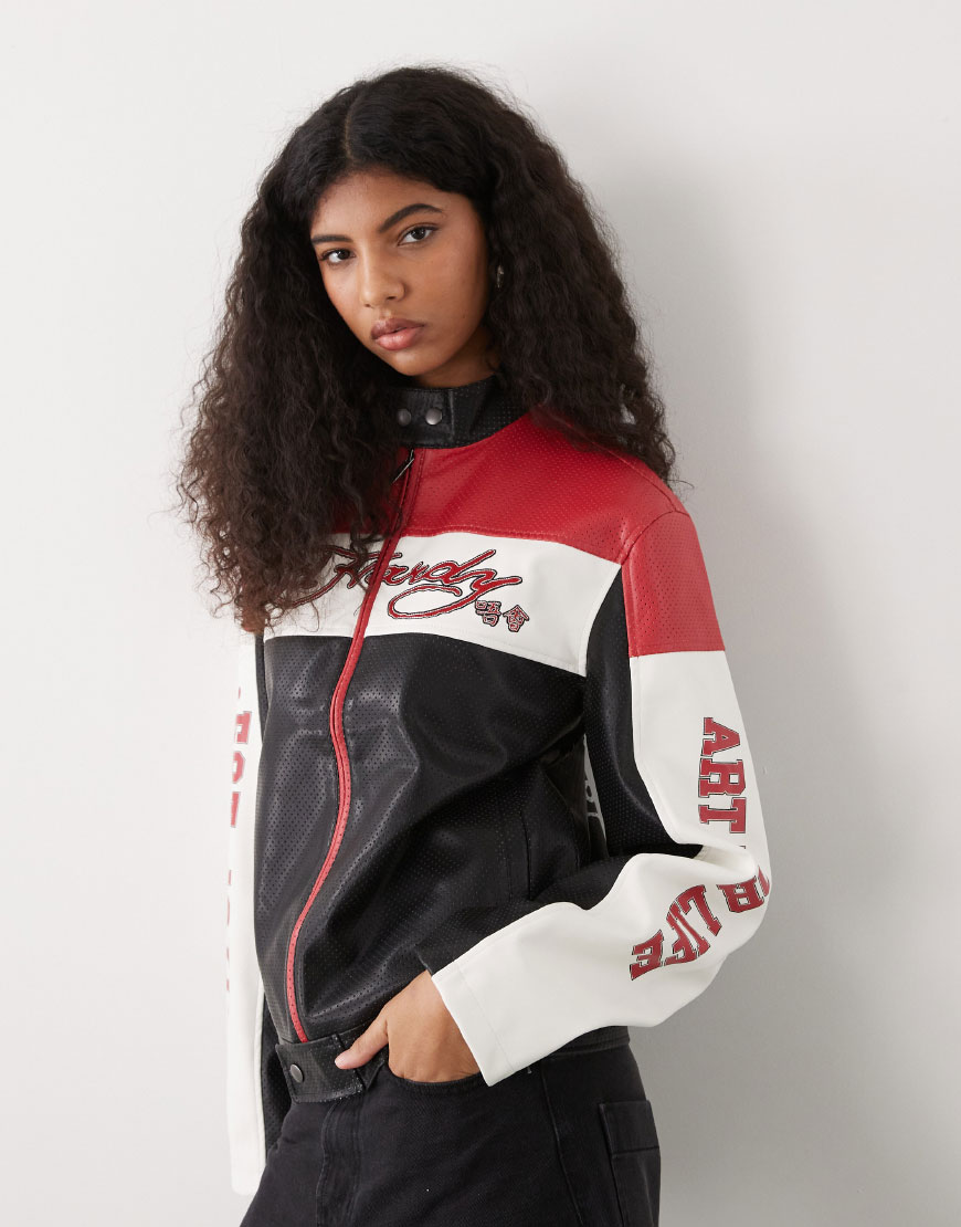 Ed Hardy womens art for life perforated moto jacket in red and black | ASOS Style Feed