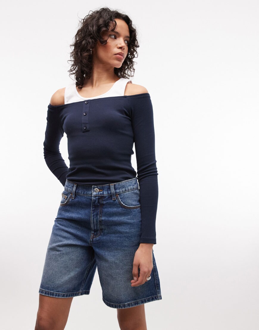 COLLUSION loose denim jorts in mid wash | ASOS Style Feed