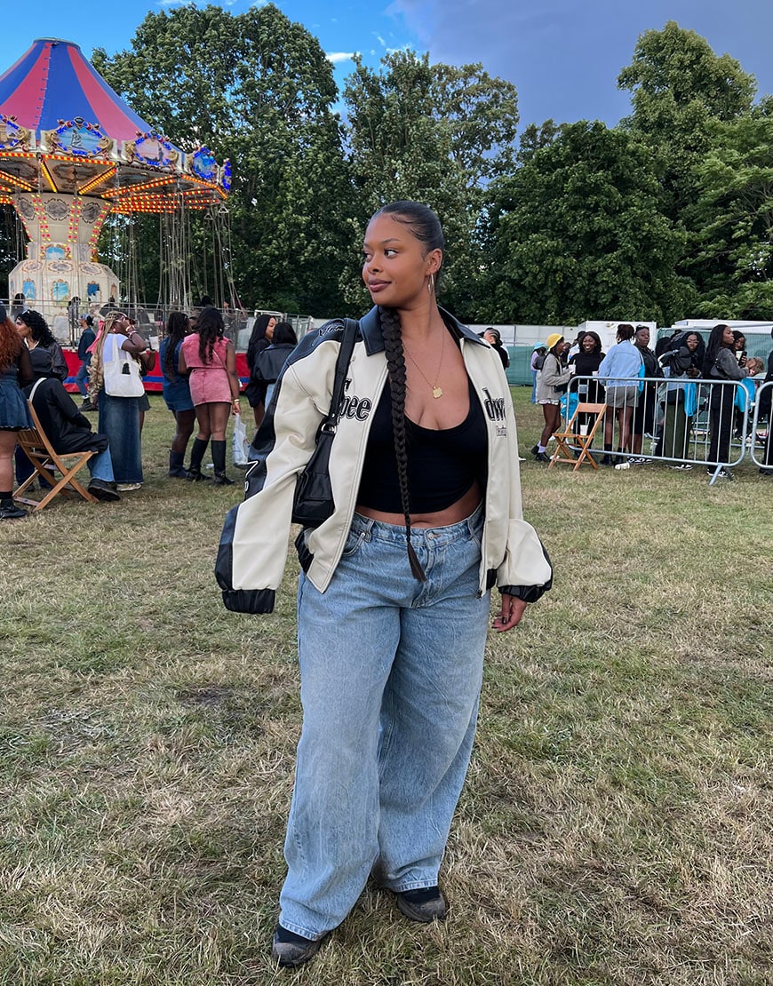 Roua in denim jeans and bomber jacket. | ASOS Style Feed