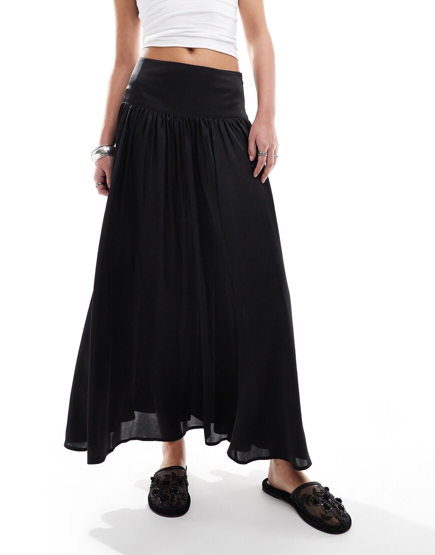 ASOS DESIGN satin dropped waist maxi skirt in black | ASOS Style Feed