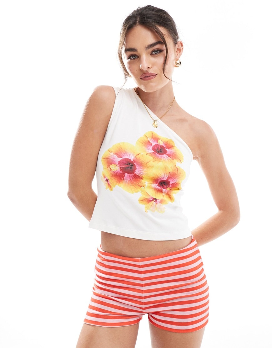 ASOS DESIGN tropical floral one shoulder top in ivory | ASOS Style Feed