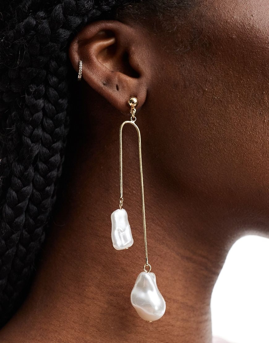 ASOS DESIGN drop earrings with chain and faux freshwater pearl design in gold tone | ASOS Style Feed