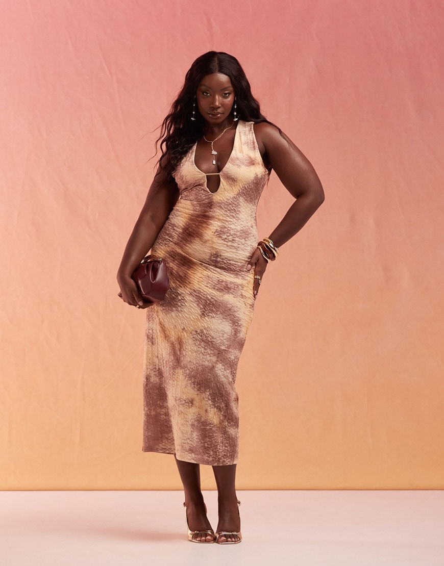 ASOS DESIGN Curve v-neck textured maxi dress in neutral ombre print | ASOS Style Feed