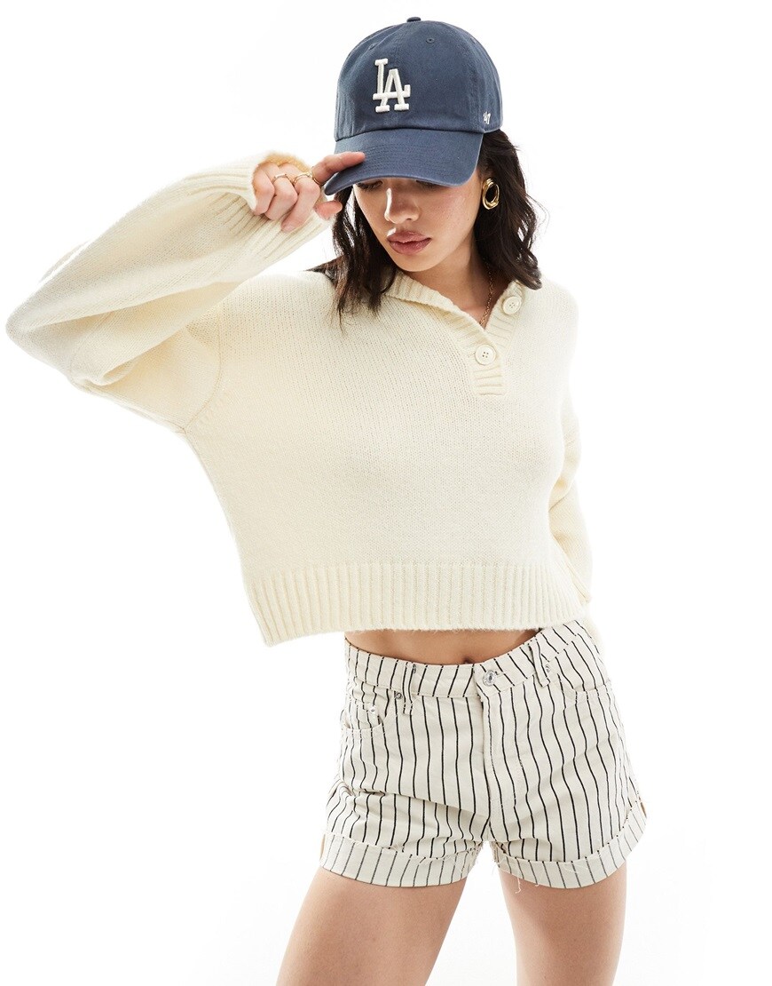 ASOS DESIGN sweater with button collar in cream