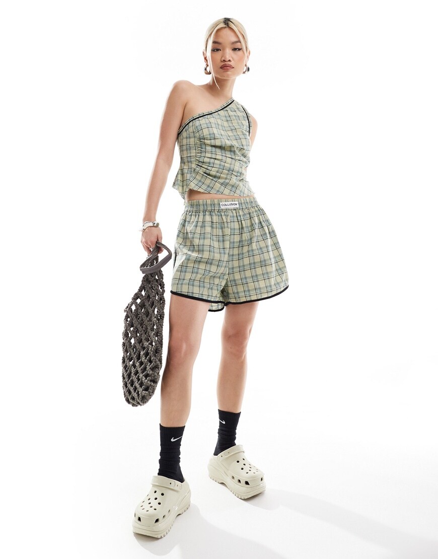  COLLUSION boxer short co ord in blue and green check with sports binding | ASOS Style Feed
