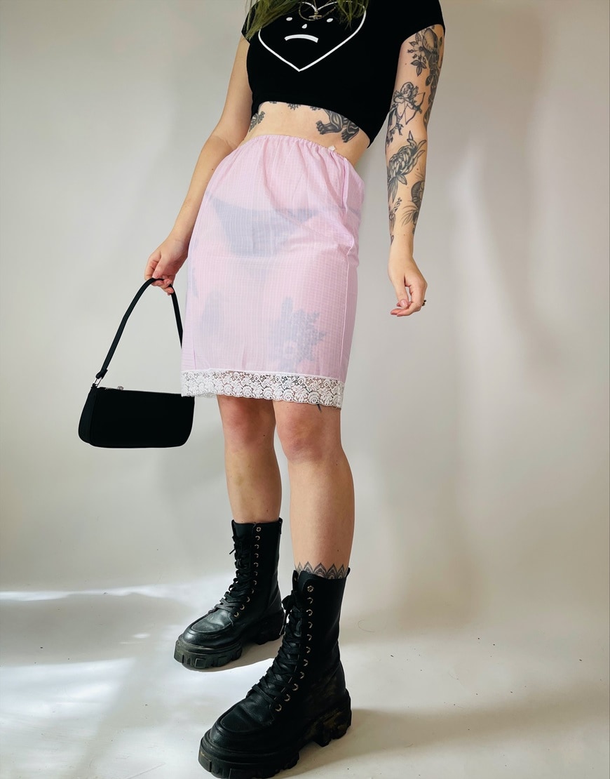 Vintage Size S 90s satin lace detail midi slip skirt in pastel pink | ASOS Style Feed