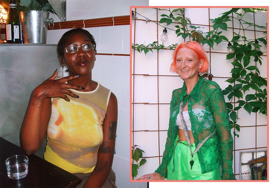 A person in a bright yellow top and a person in bright green with orange hair