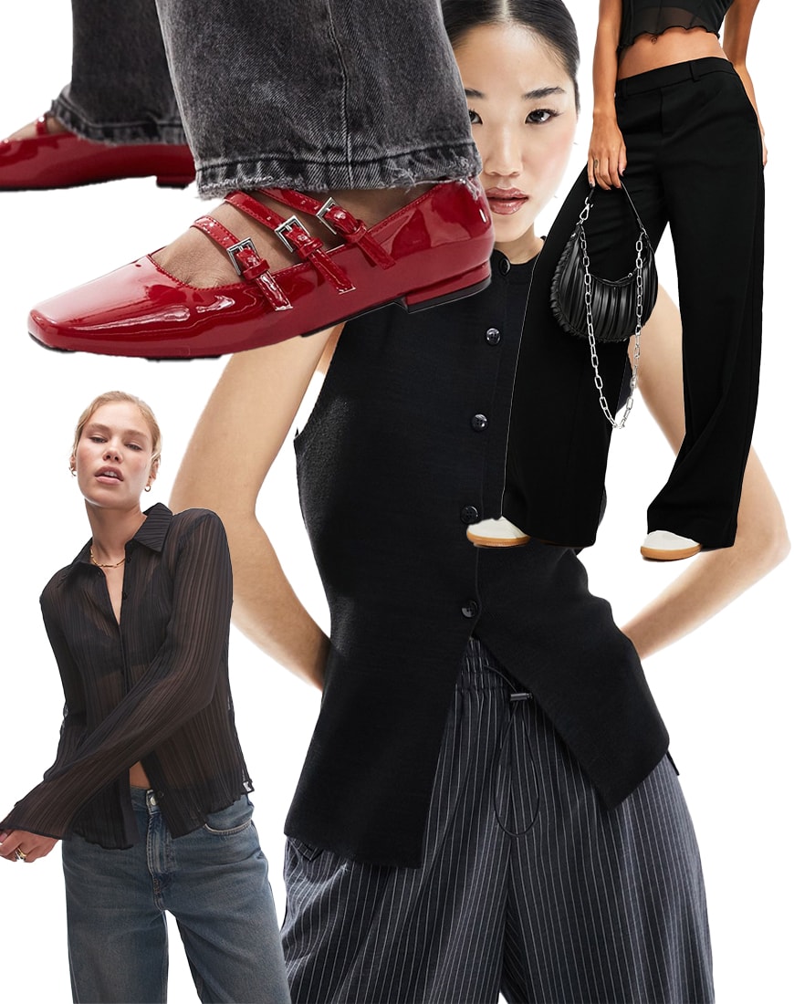 Collage of womenswear clothing including smart trousers, knitwear and ballet flats