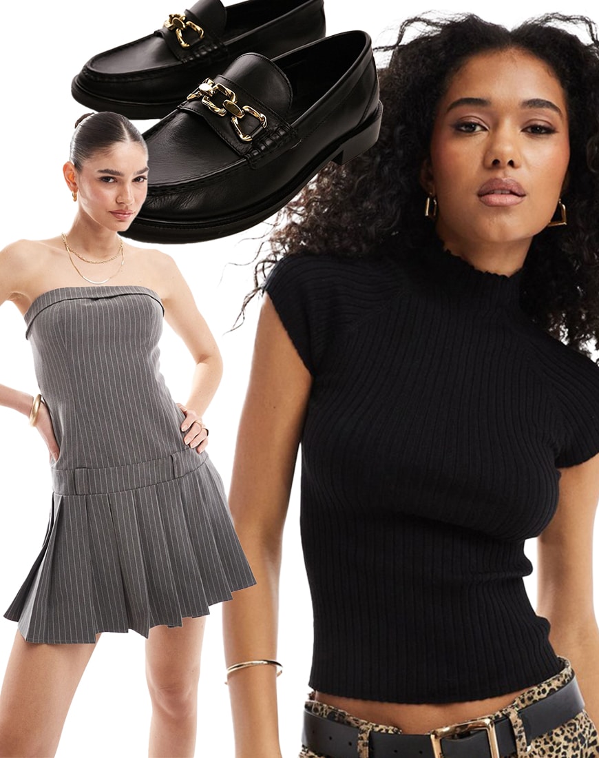 Collage of model wearing high neck black top with pinstripe dress and black loafers
