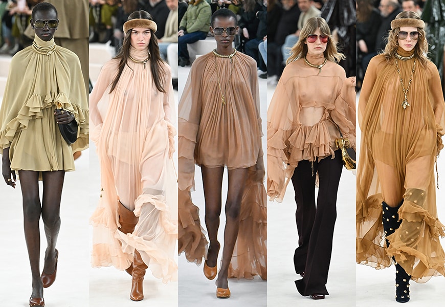 Collage of models at the Chloé AW24 runway show, wearing ruffle clothing