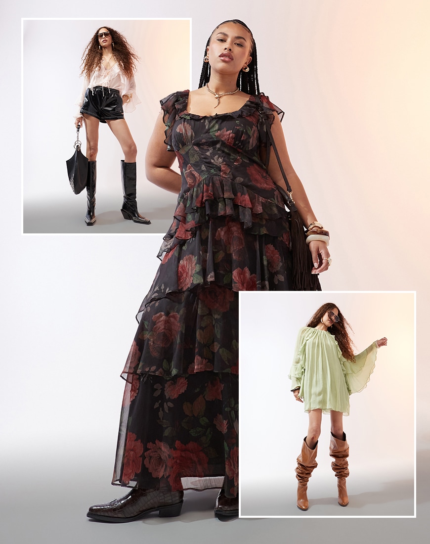 Models wearing three different ruffle clothing outfits, including a blouse, a rose-print dress and a green mini dress