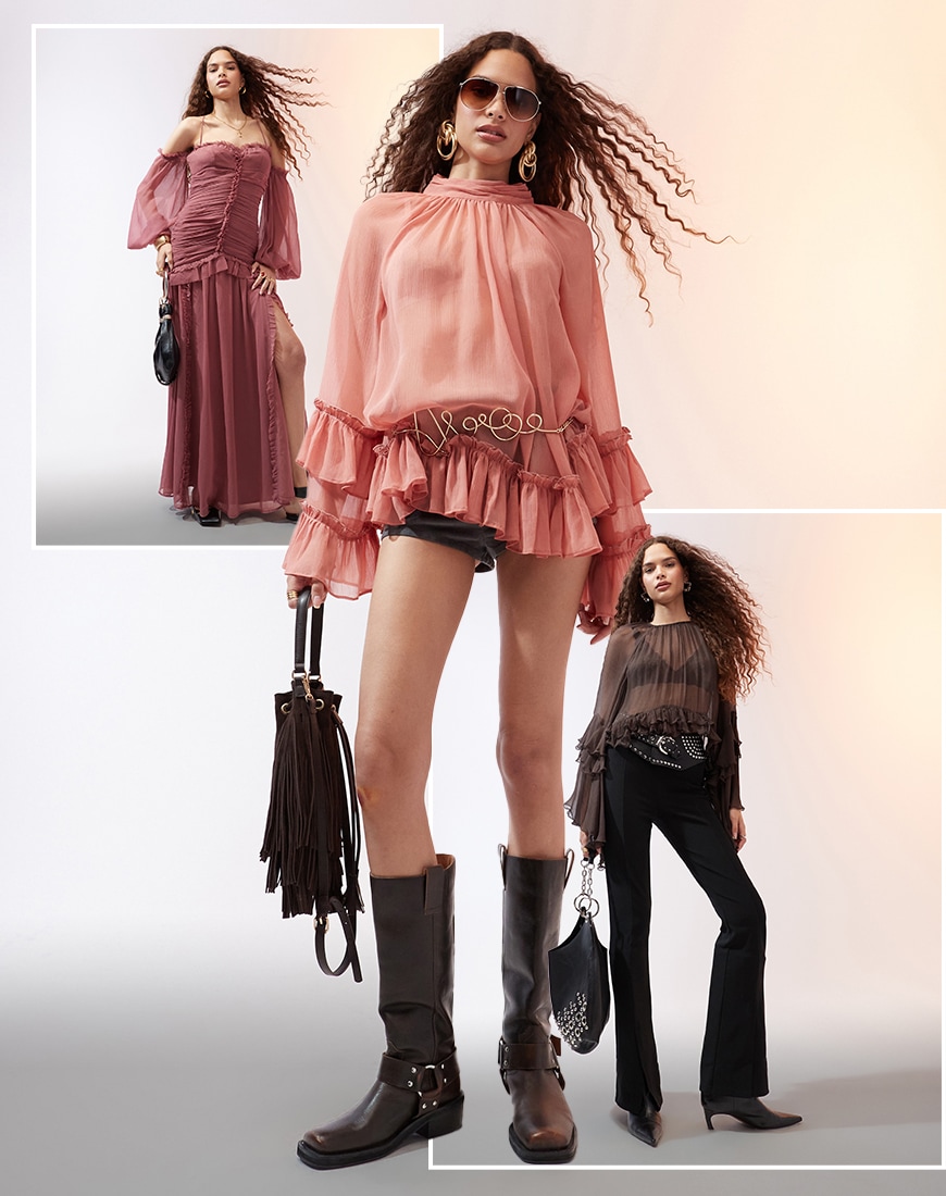 Model wearing miscellaneous ruffled clothing outfits