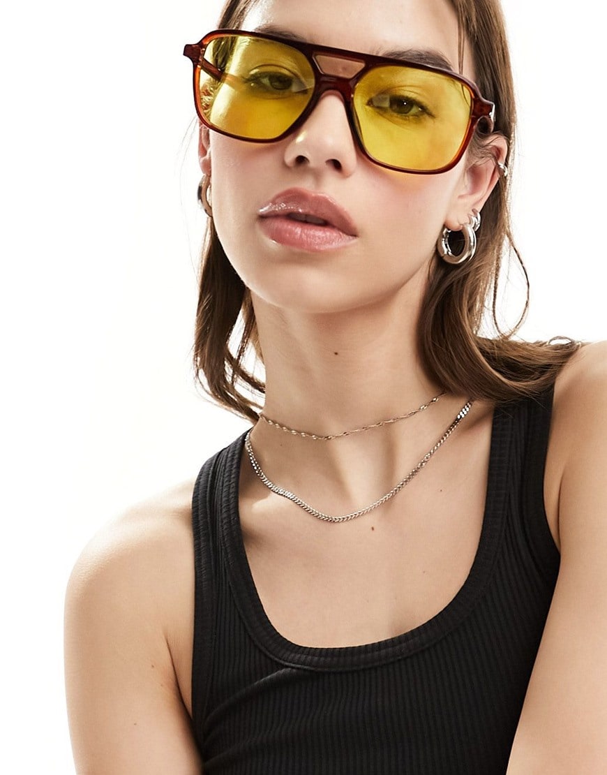 ASOS DESIGN fine frame aviator fashion glasses with yellow lens | ASOS Style Feed