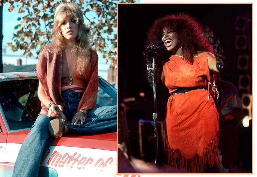 Left: Stevie Nicks wearing flared jeans in 1975. Right: Chaka Khan in a red fringed dress, 1984.