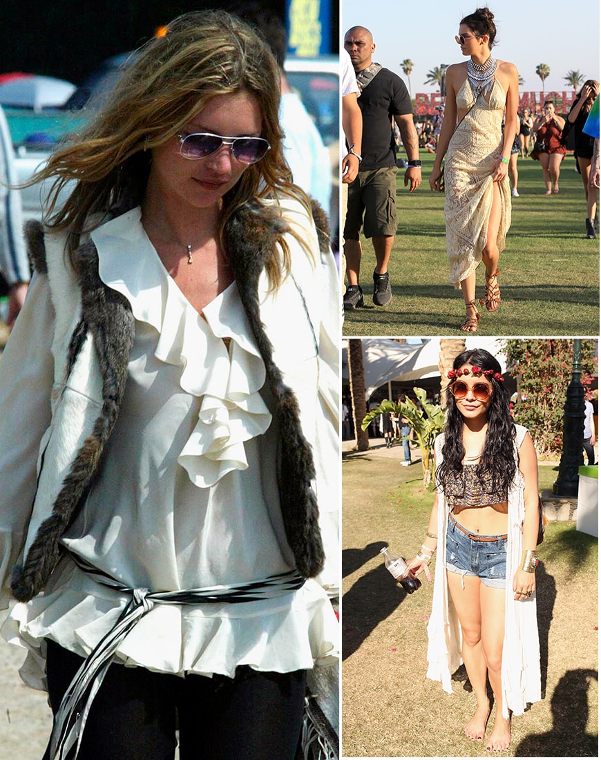 Left: Kate Moss in a white blouse. Upper right: Kendall Jenner in a crochet dress. Lower right: Vanessa Hudgens in denim shorts