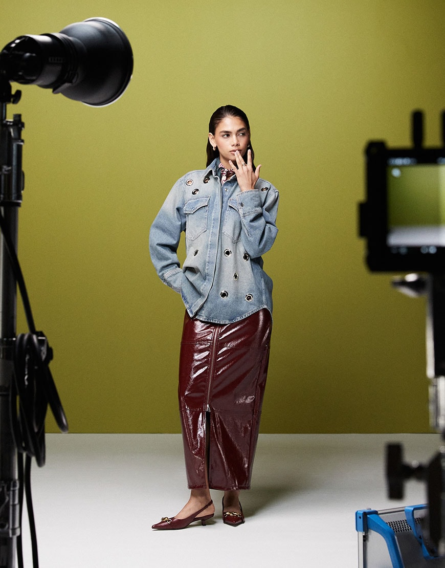 Denim shirt and high-shine skirt | ASOS Style Feed