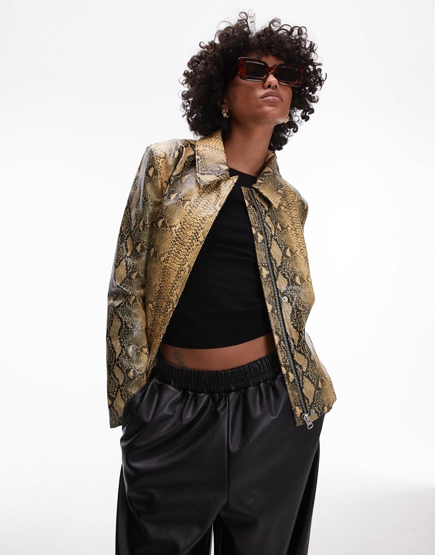 Topshop faux leather snake jacket with center front zip in yellow