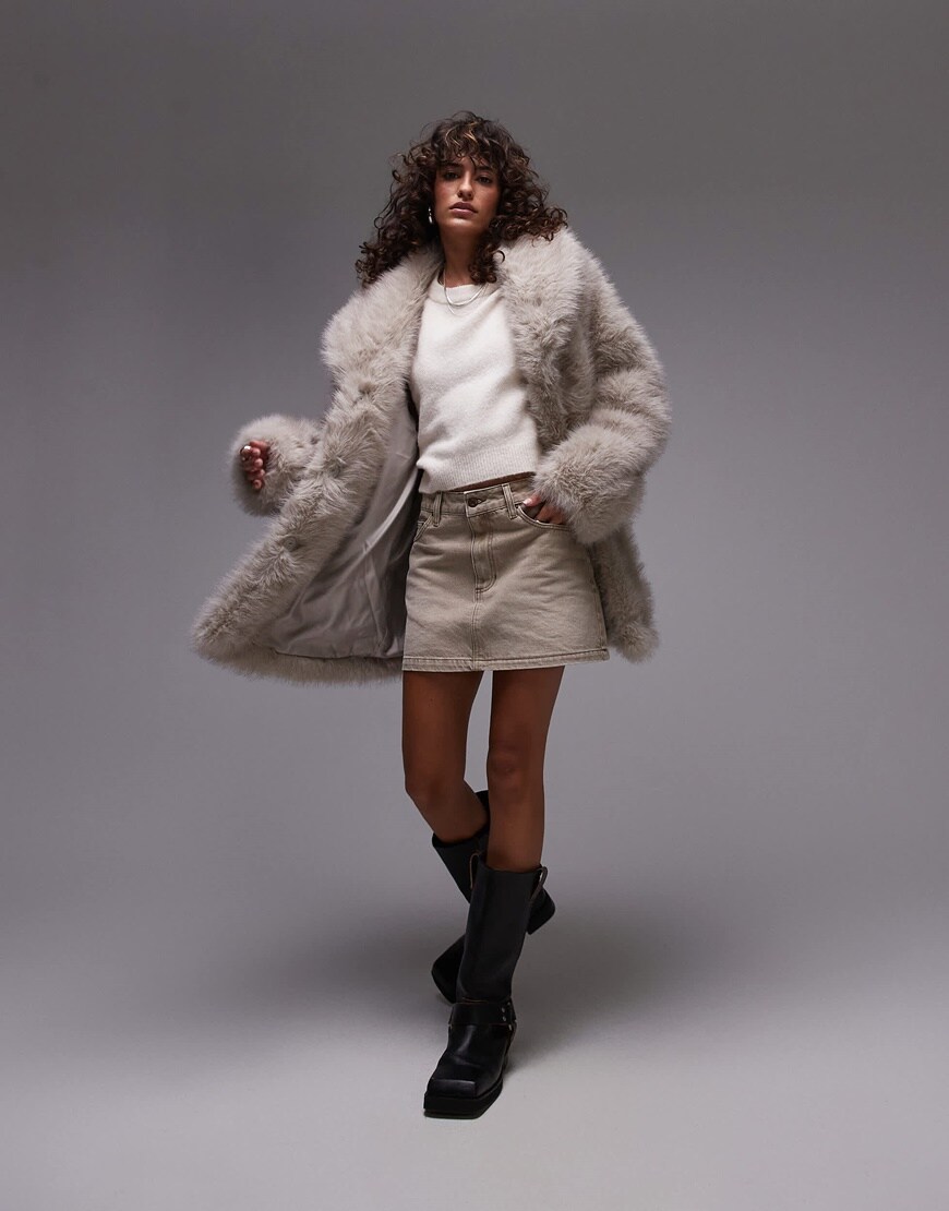 Topshop faux fur midi coat in multi