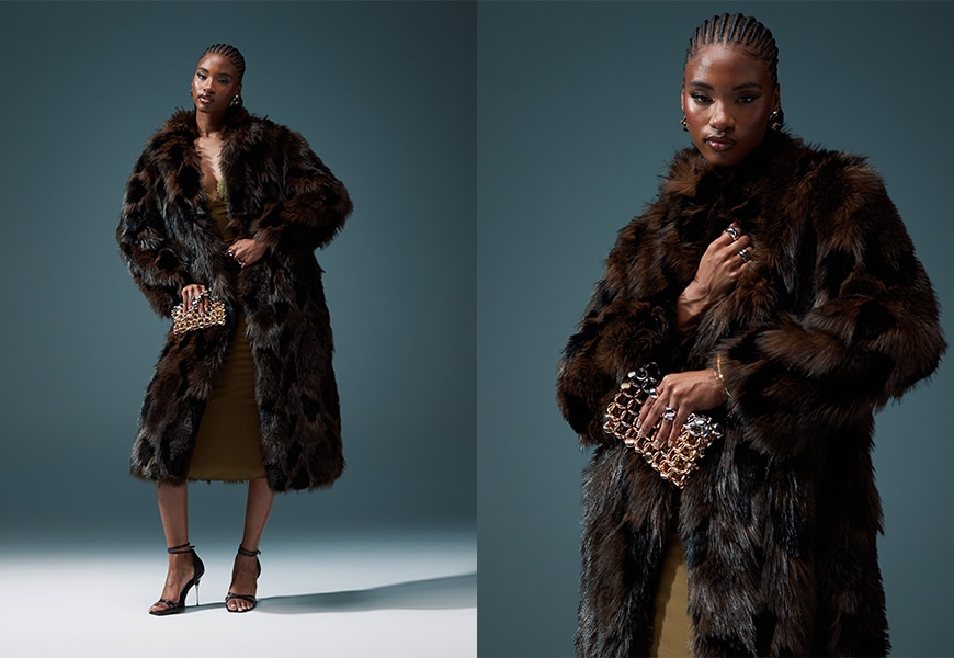 Model wearing brown long faux-fur jacket