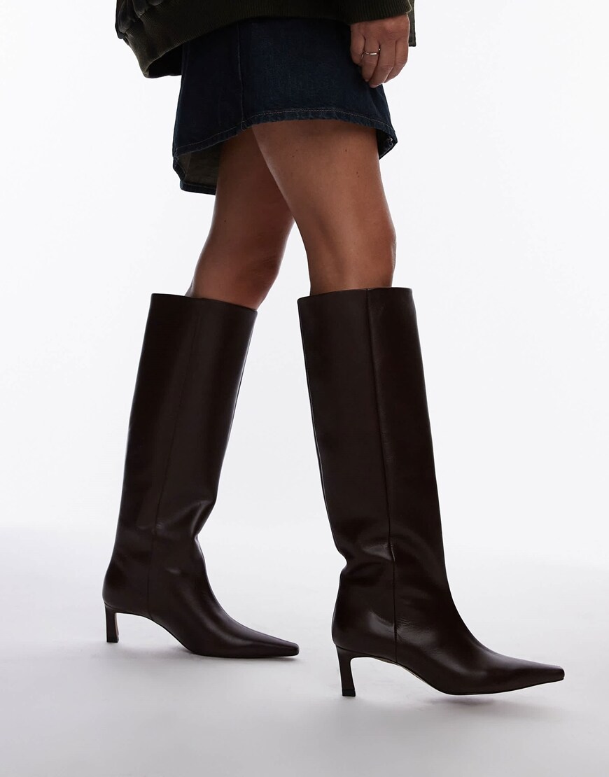 Topshop Taz premium leather knee high heeled boots in burgundy | ASOS Style Feed