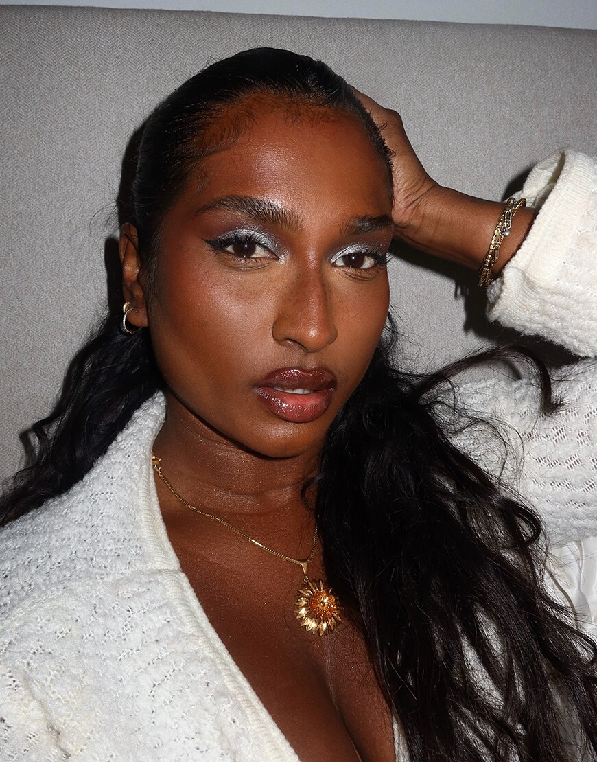 Linny wearing a frosted glam makeup look