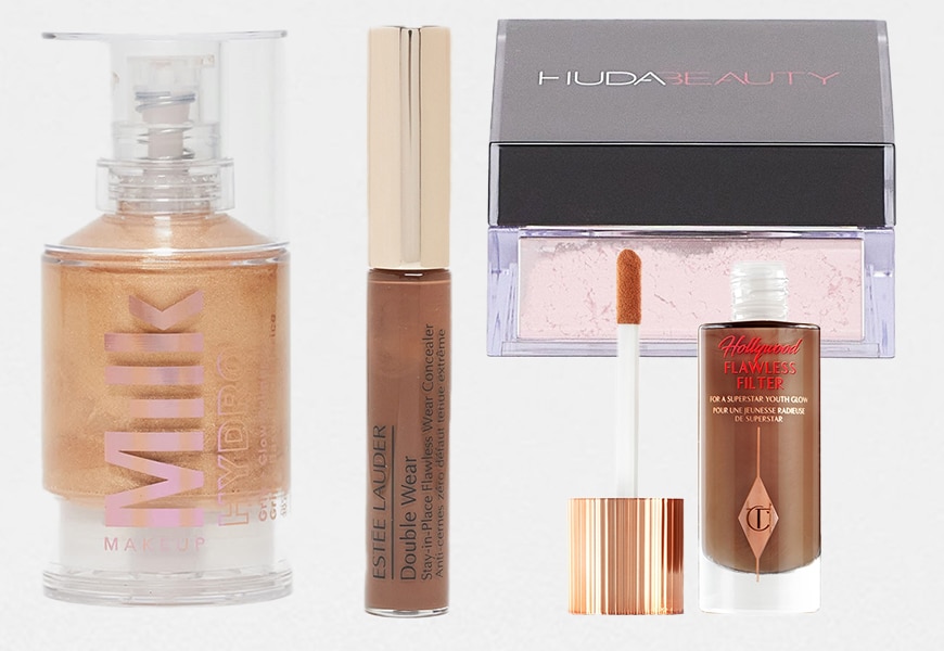 Collage of base routine products on a grey background