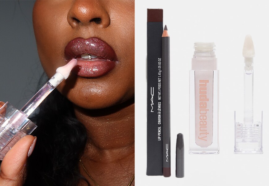 Lenny wearing Huda Beauty lip gloss in She Glitzy