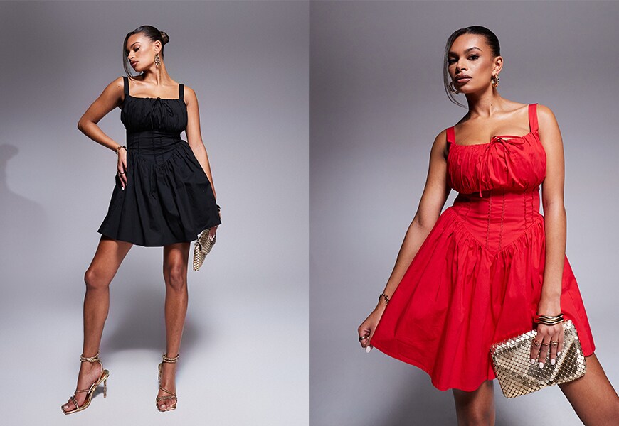 Model wearing red and black Taideux mini dresses